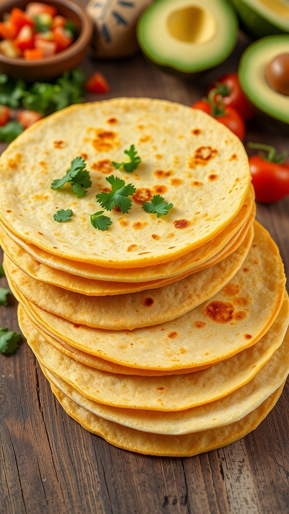 Freshly made corn tortillas stacked on a wooden table, surrounded by fresh ingredients for tacos.